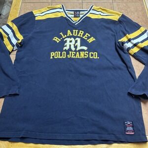 VTG Polo Jean Company Sweatshirt‎ Pullover Men's Sz XL Blue Yellow Logo V Neck